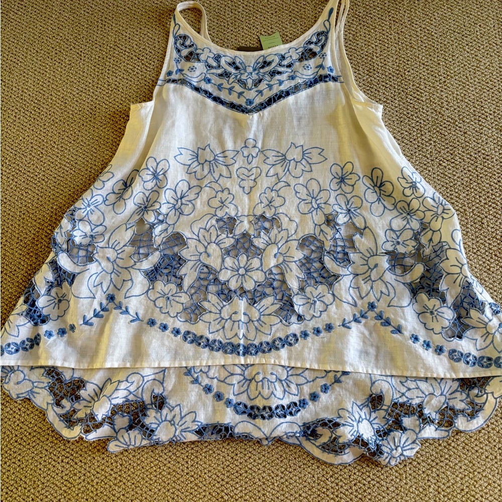 Anthropologie white and blue boho top